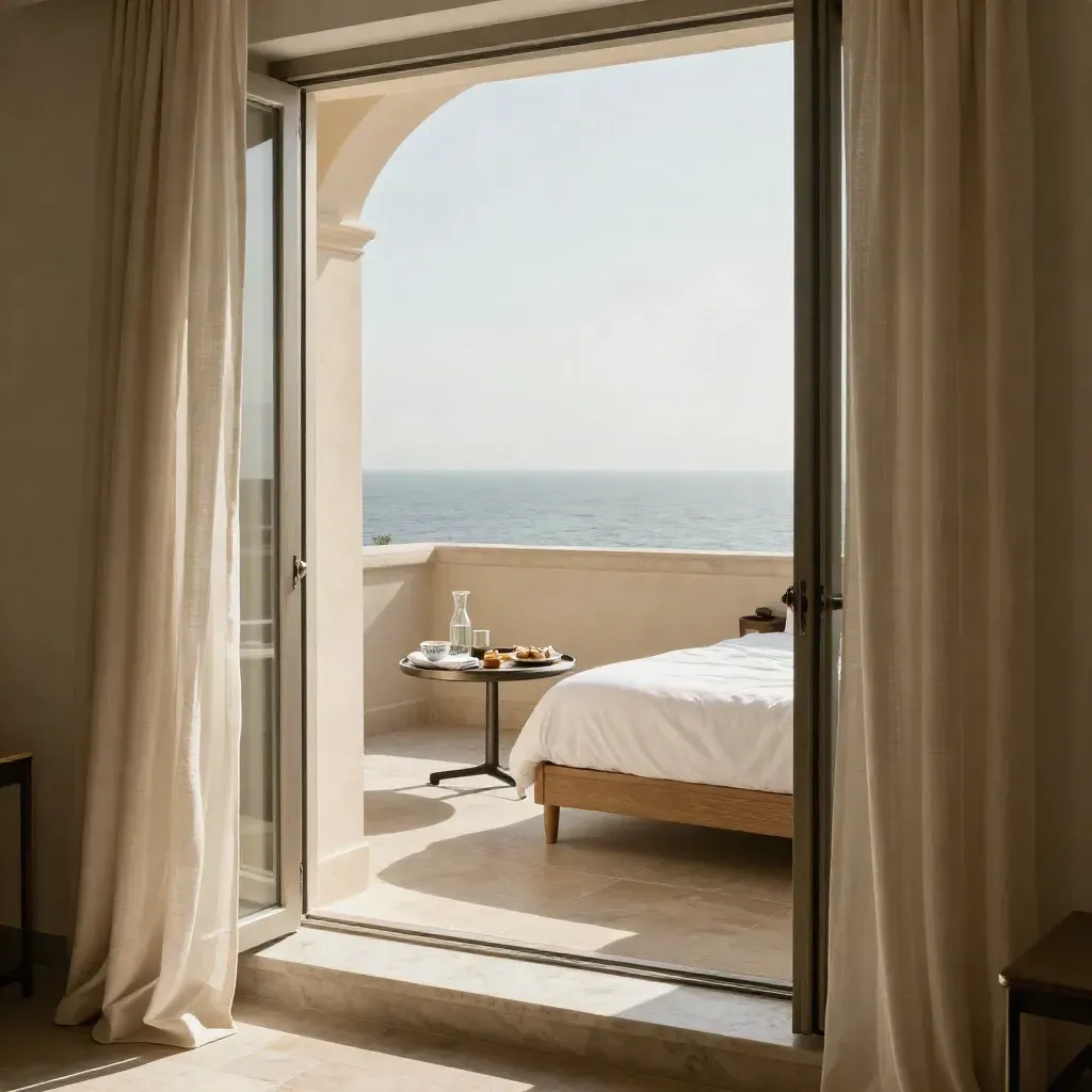 Suite vista mare con tende di lino, letto rifatto e vassoio colazione sul marmo.