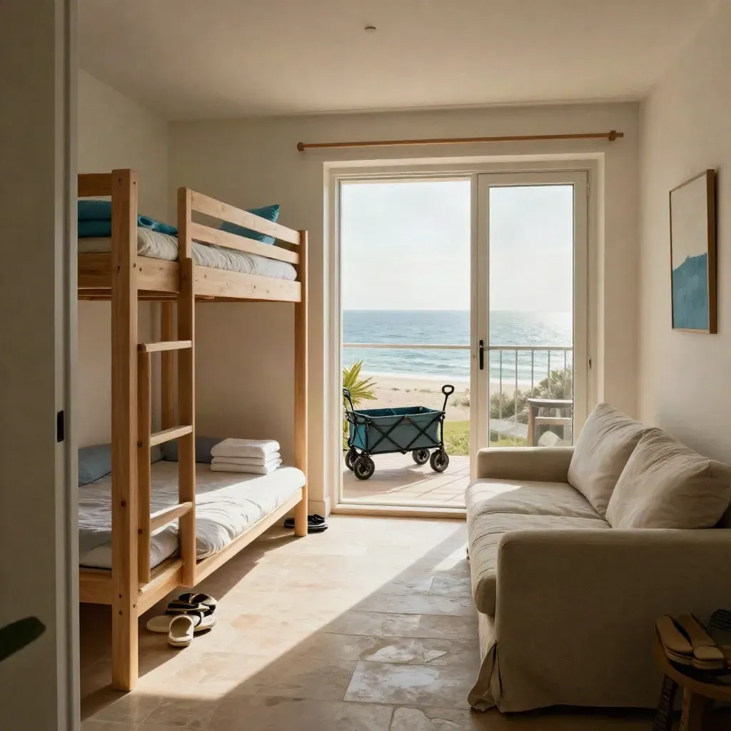 Appartamento familiare vista mare con letto a castello, divano, asciugamani e carrello da spiaggia