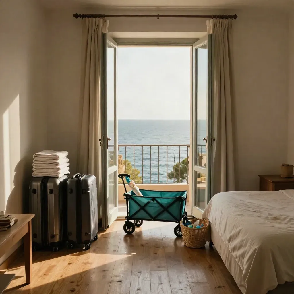 Suite familiare con balcone aperto sul mare, valigie ordinate, asciugamani e carrello da spiaggia.