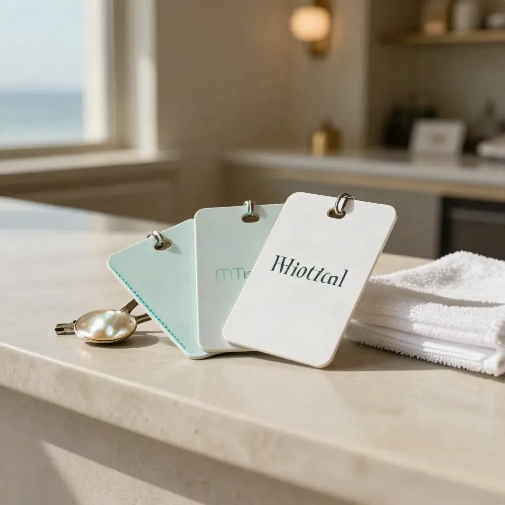 Tre key card hotel con una conchiglia e un asciugamano piegato su una mensola chiara.
