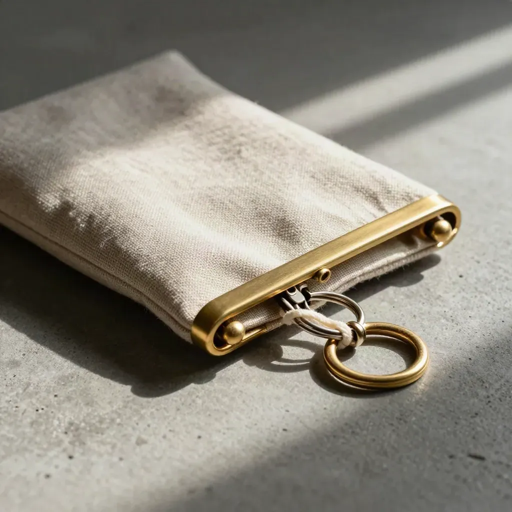 Busta in lino con chiusura in ottone e anello chiave su cemento neutro.