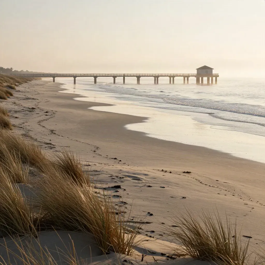 Spiaggia dell’Emilia-Romagna all’alba con molo lungo, dune e mare calmo nella foschia.